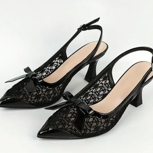 black lace bow heels